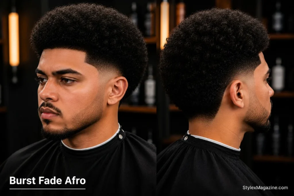 Burst fade afro with natural afro volume on top and burst fade arc following the rounded afro shape