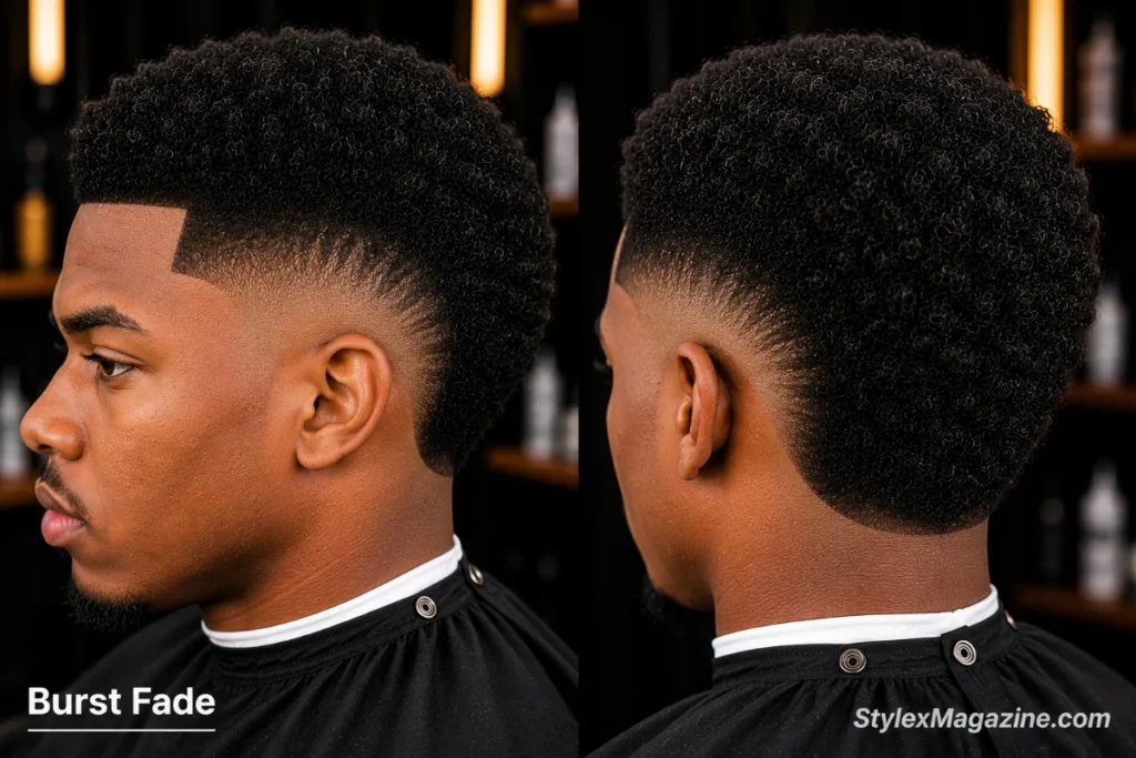 Burst fade on a Black man showing semi-circular arc curving around the ear with longer natural hair preserved at the back