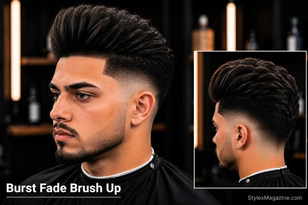 27. Burst fade brush up with hair blow-dried upward for volume and burst fade arc on sides