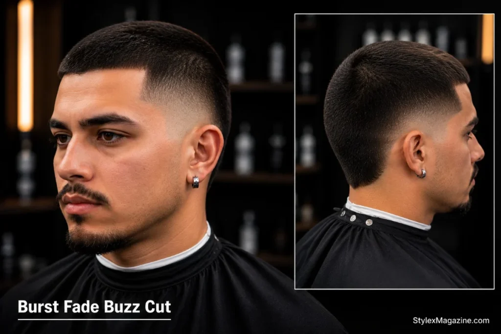 Burst fade buzz cut with uniform short hair on top and burst fade arc leaving back slightly longer