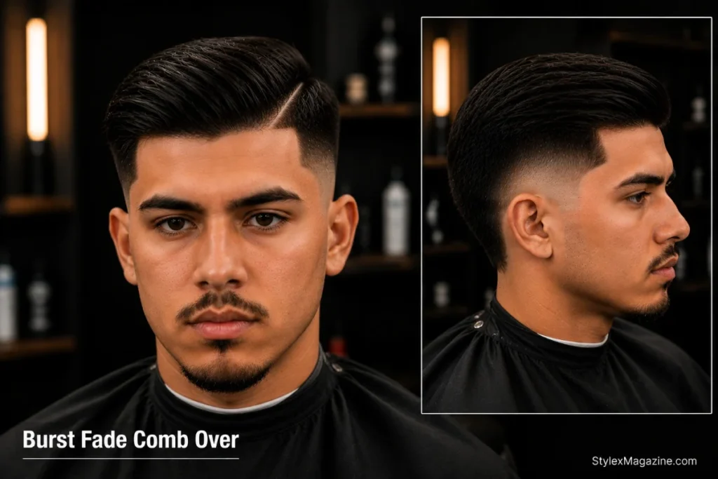 Burst fade comb over with side parted hair combed across and burst fade arc on both sides