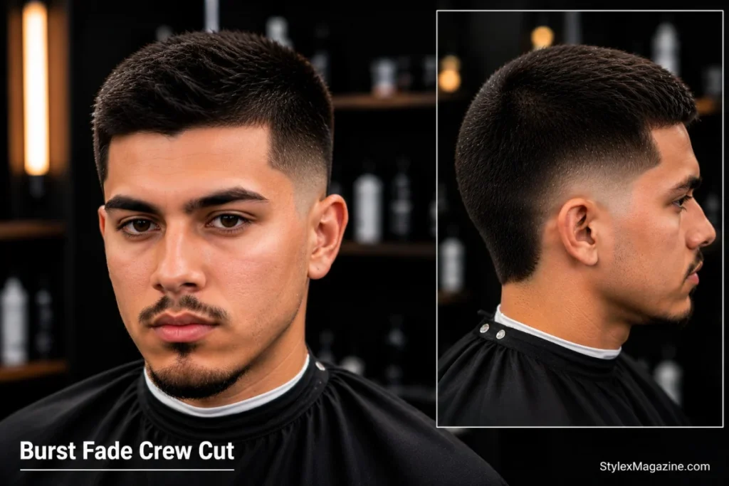 16. Burst fade crew cut with short even top slightly longer at front and burst fade arc on sides