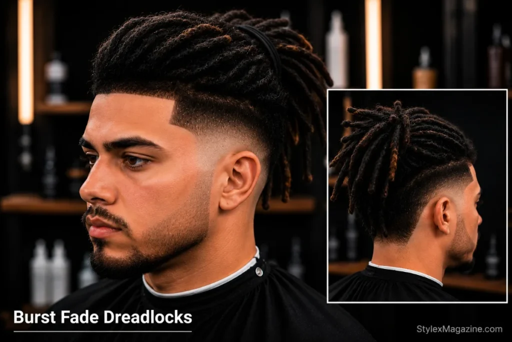 Burst fade dreadlocks with locs on top and burst fade arc creating clean frame on sides