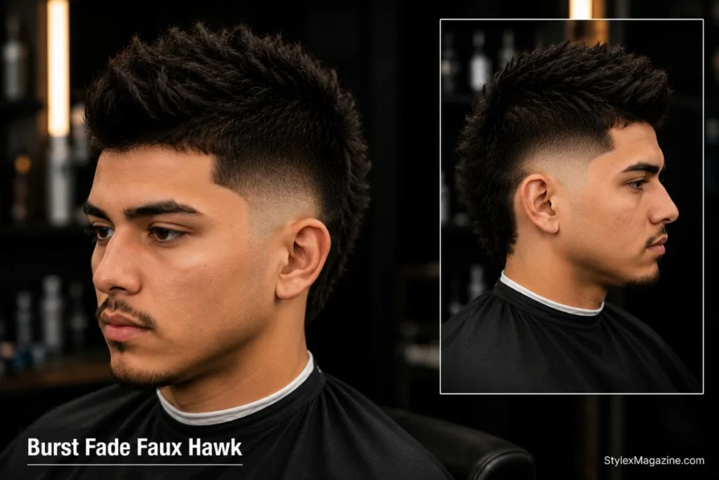 Burst fade faux hawk with hair styled upward along center and burst fade arc on sides without fully shaved sides