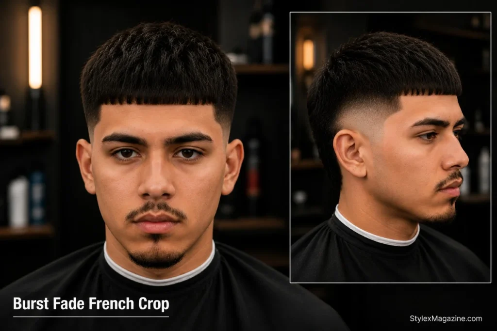Burst fade French crop with straight blunt fringe across forehead and burst fade arc on sides
