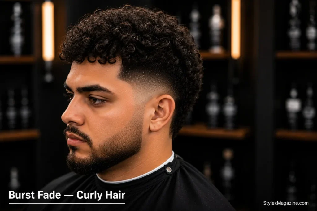 Burst fade curly hair showing natural curls on top with burst fade arc following the head's natural growth pattern