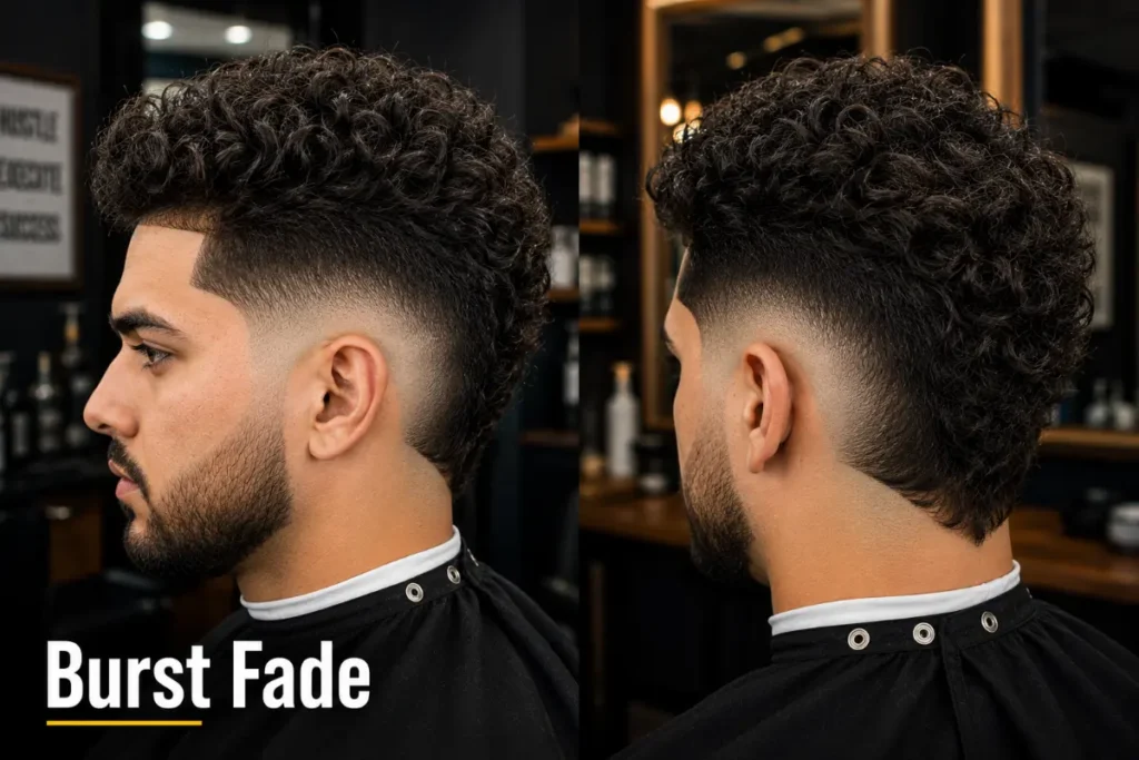 Burst fade haircut showing semi-circular arc curving around the ear with longer hair preserved at the back unlike standard fades