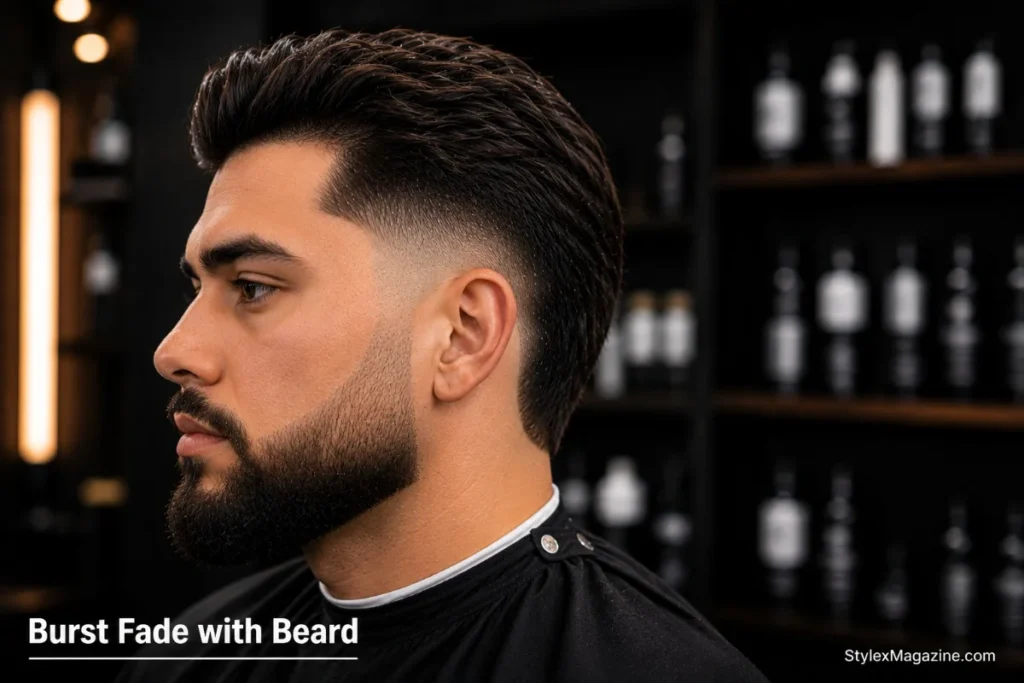 Burst fade with beard showing sideburn blend between burst fade arc and beard line with no hard gap