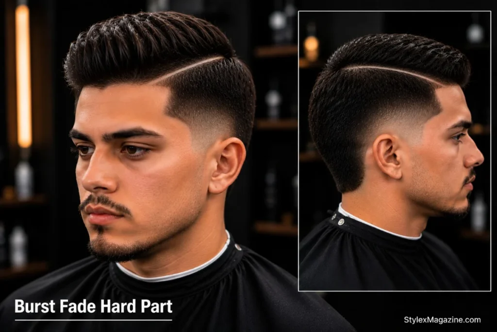 Burst fade hard part with razor shaved line on side and burst fade arc — straight line meets curved fade