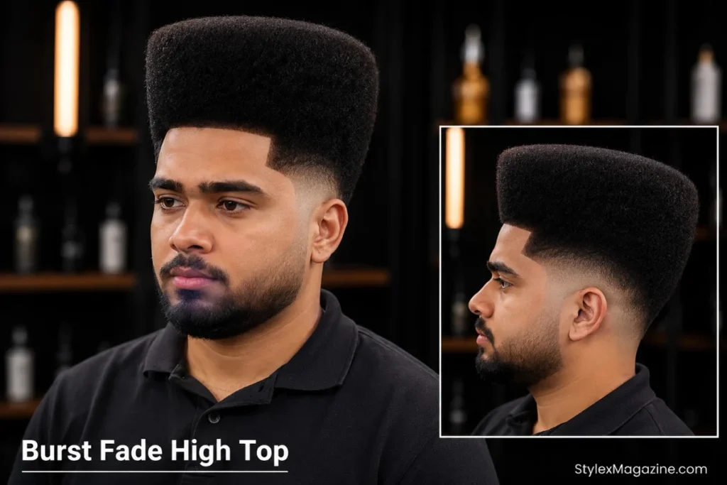Burst fade high top with sides faded to skin with burst arc and top shaped into tall flat boxy structure