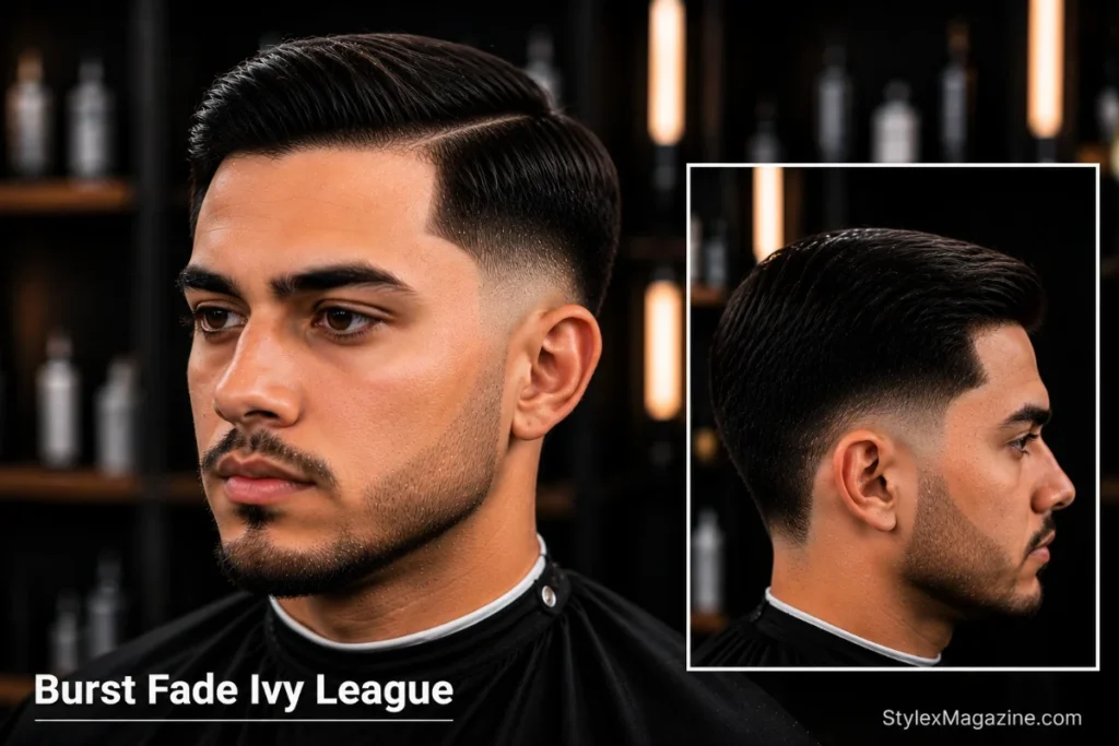 Burst fade Ivy League with short polished top natural side part and burst fade arc on sides