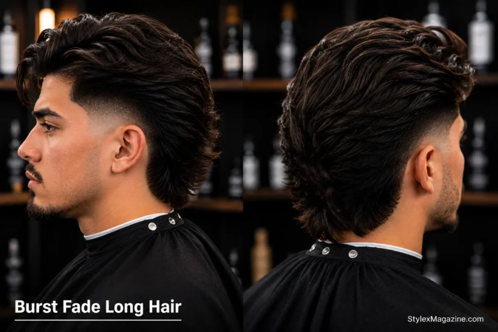 Burst fade long hair showing burst fade arc on sides with longer hair on top flowing naturally into longer back