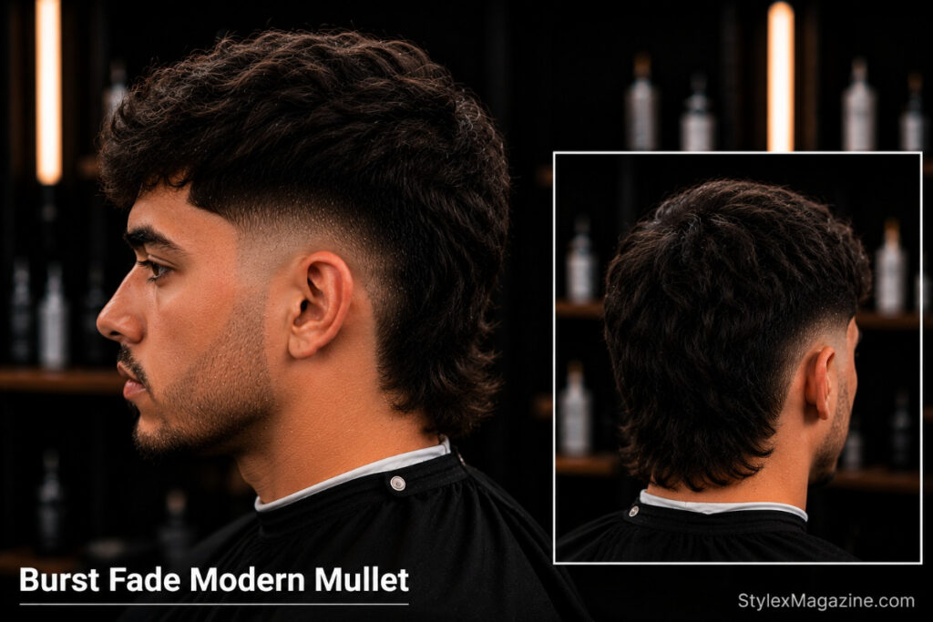 Burst fade modern mullet with shorter defined length at back and burst fade arc on sides