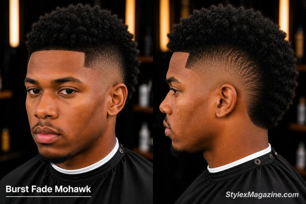 Burst fade mohawk on a Black man with strip of natural coily hair down the center and burst fade arc on both sides