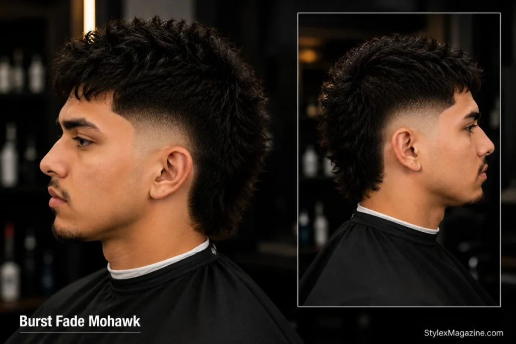Burst fade mohawk haircut with strip of longer hair down the center and burst fade arc on both sides