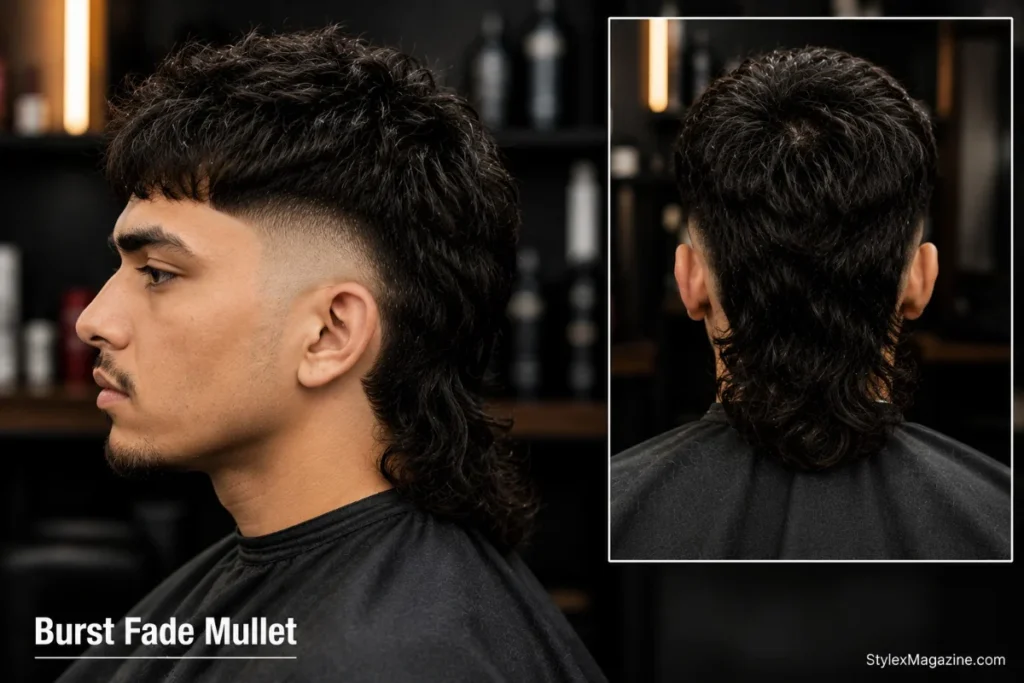 Burst fade mullet haircut showing tight semi-circular arc on sides with long hair flowing at the back