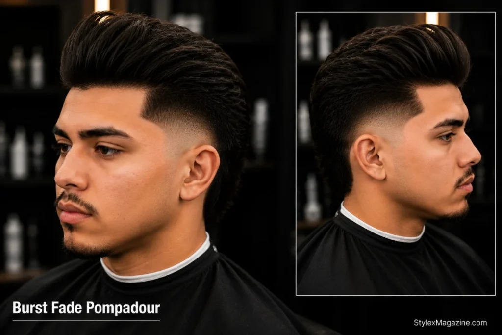 Burst fade pompadour with volume swept back on top and burst fade arc preserving back volume