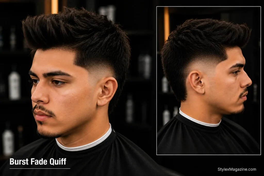 Burst fade quiff with volume pushed forward at the front and burst fade arc on both sides