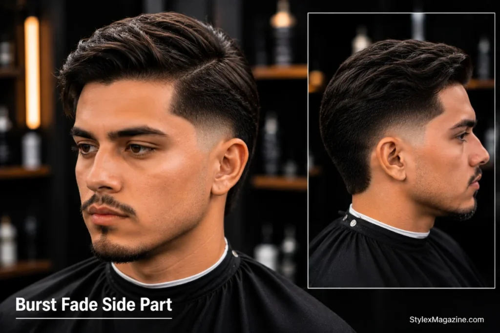 Burst fade side part with natural hair parting on one side and burst fade arc on both sides