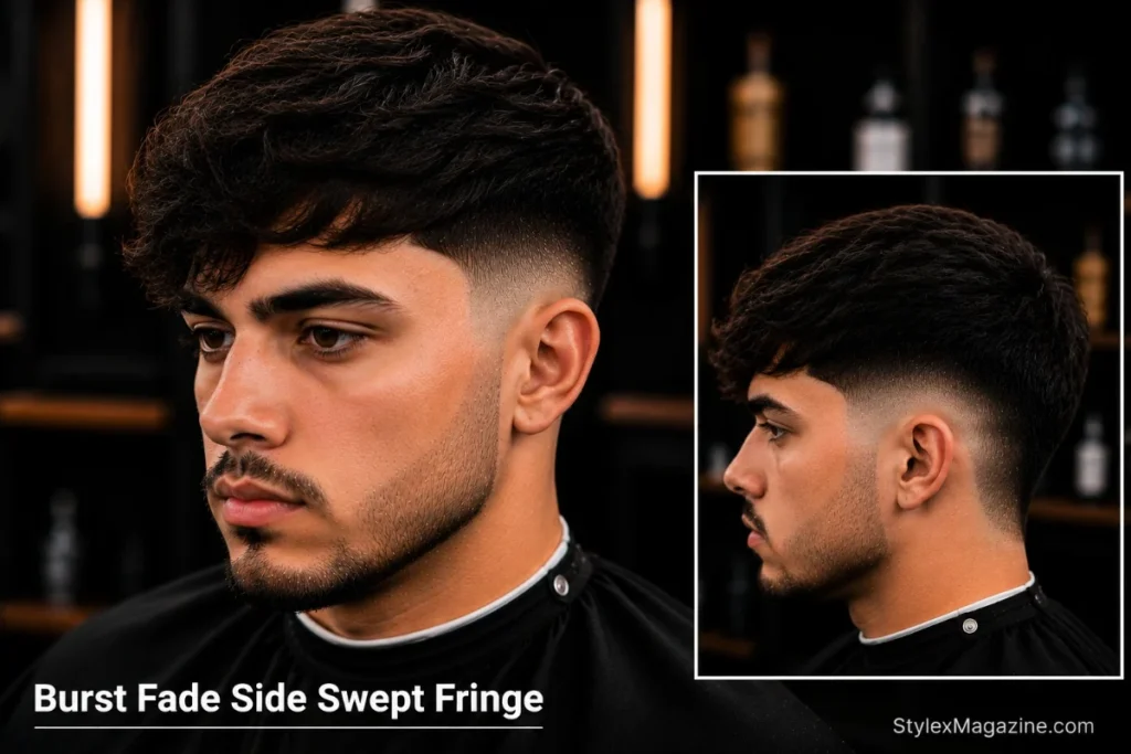 Burst fade side swept fringe with hair falling forward sweeping naturally to one side and burst fade arc on sides
