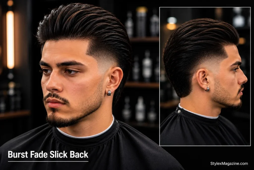Burst fade slick back with hair combed straight back on top and burst fade arc on both sides