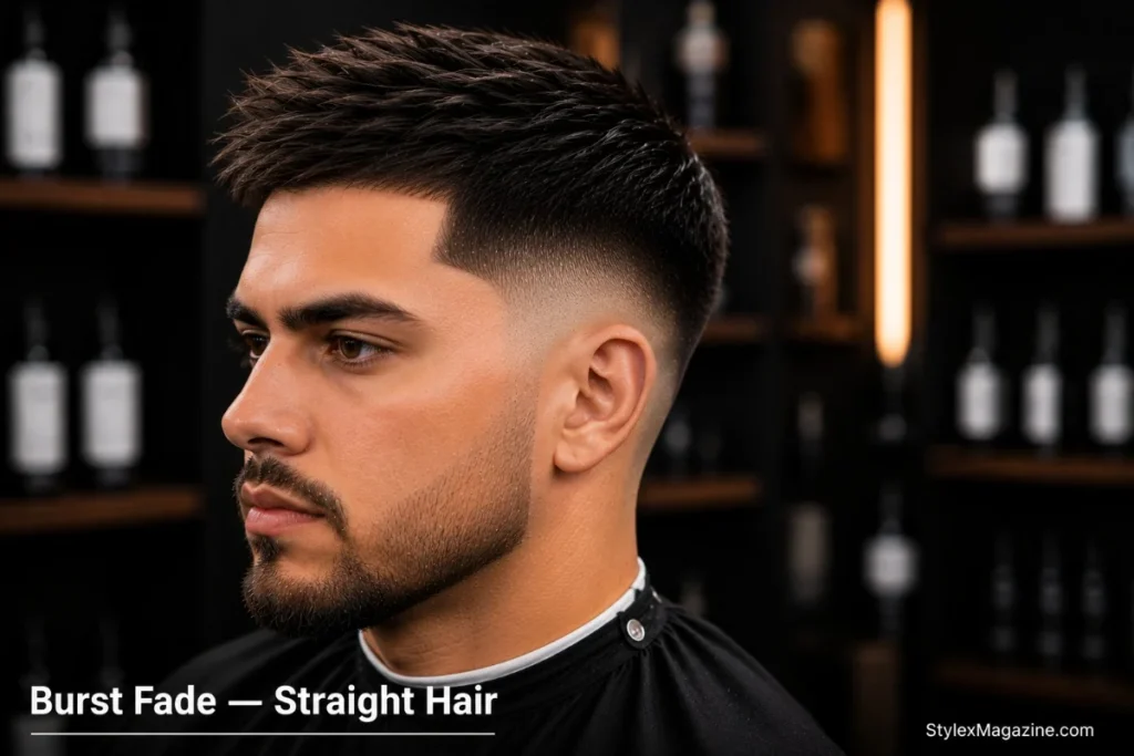 Burst fade straight hair showing sharpest cleanest arc definition with point-cut textured top