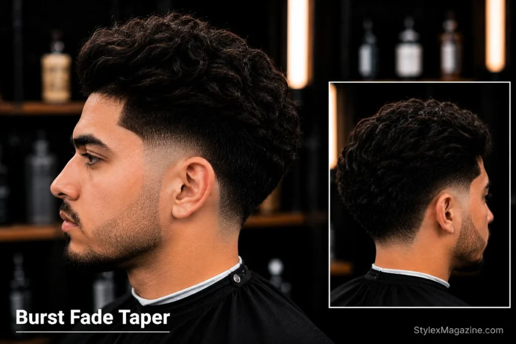 Burst fade taper with burst arc around ear and taper finish at base keeping some hair always remaining