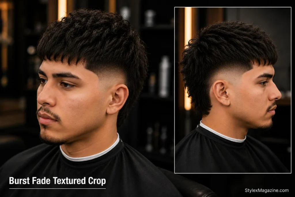 Burst fade textured crop with choppy layers pushed forward and burst fade arc on the sides