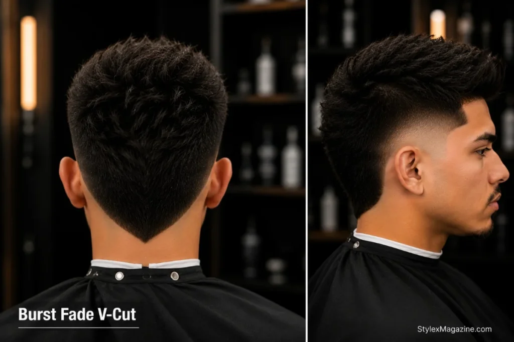 Burst fade V-cut showing burst fade arc on sides and pointed V-shape at the neckline