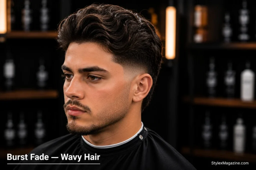 Burst fade wavy hair with natural wave movement on top and burst fade arc keeping sides structured
