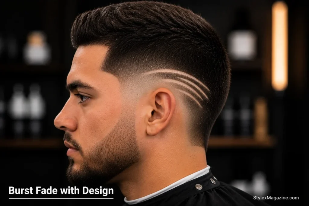 Burst fade with design showing geometric lines shaved into the faded area around the burst fade arc