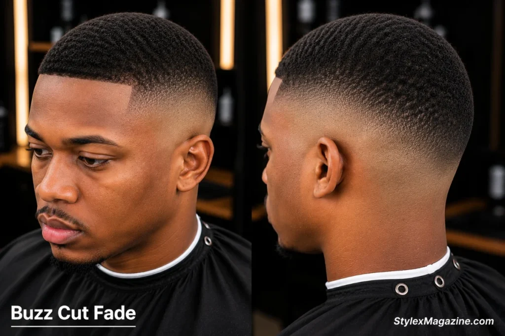Buzz cut fade on a Black man showing uniform short even coily hair on top with mid skin fade on both sides