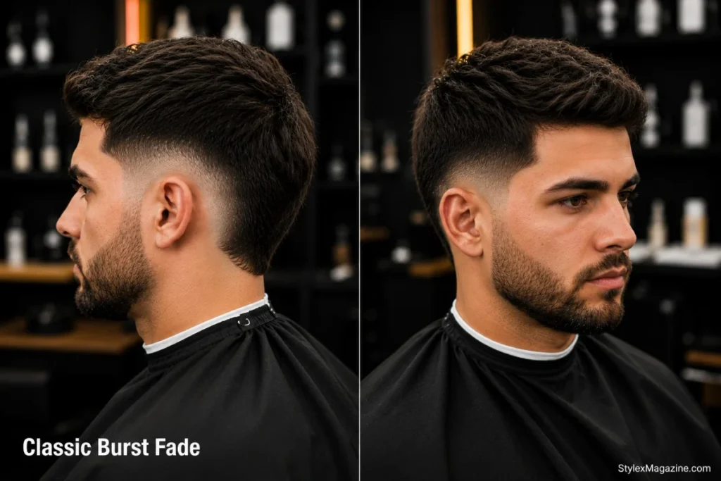Classic burst fade haircut on a man showing clean semi-circular arc around the ear with longer hair at the back