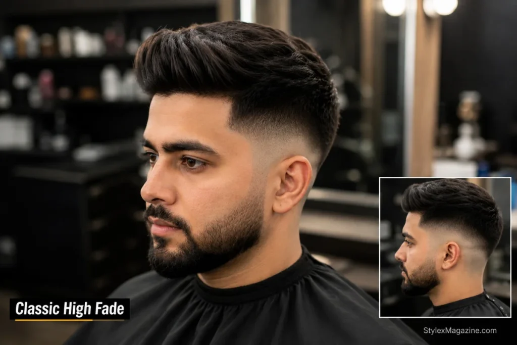 1. Classic high fade haircut on a man with medium length hair on top, clean blended sides starting above temple level
