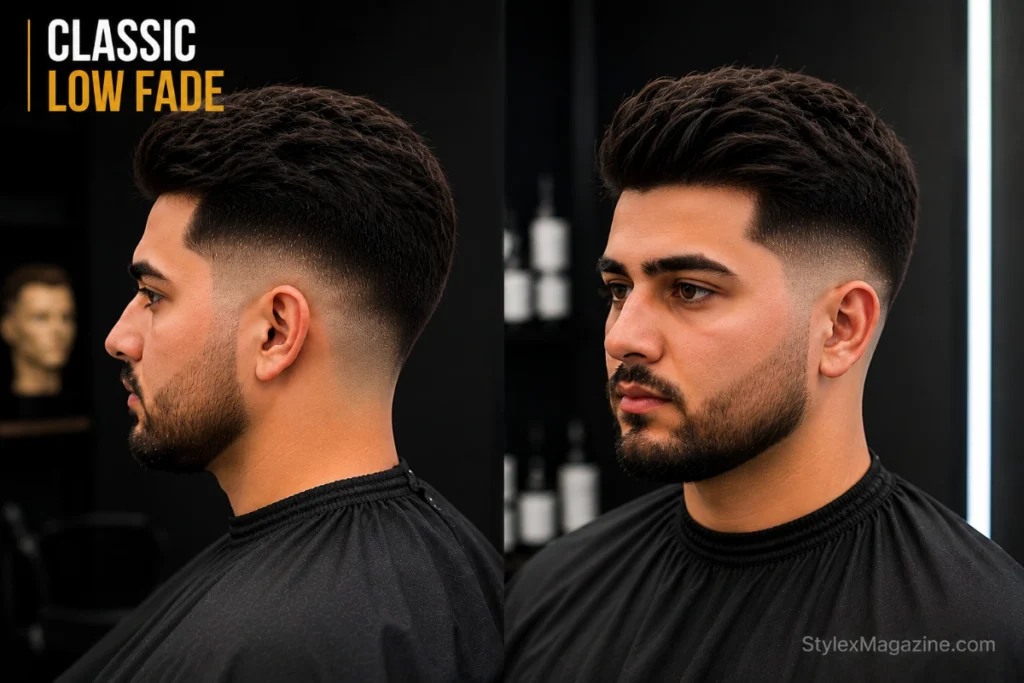 Classic low fade haircut on a man with medium length hair on top, clean blended sides