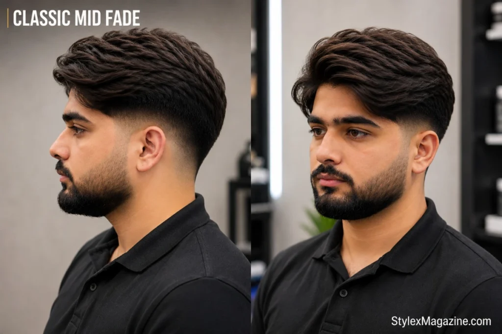 1. Classic mid fade haircut on a man with medium length hair on top, clean blended sides starting at temple level