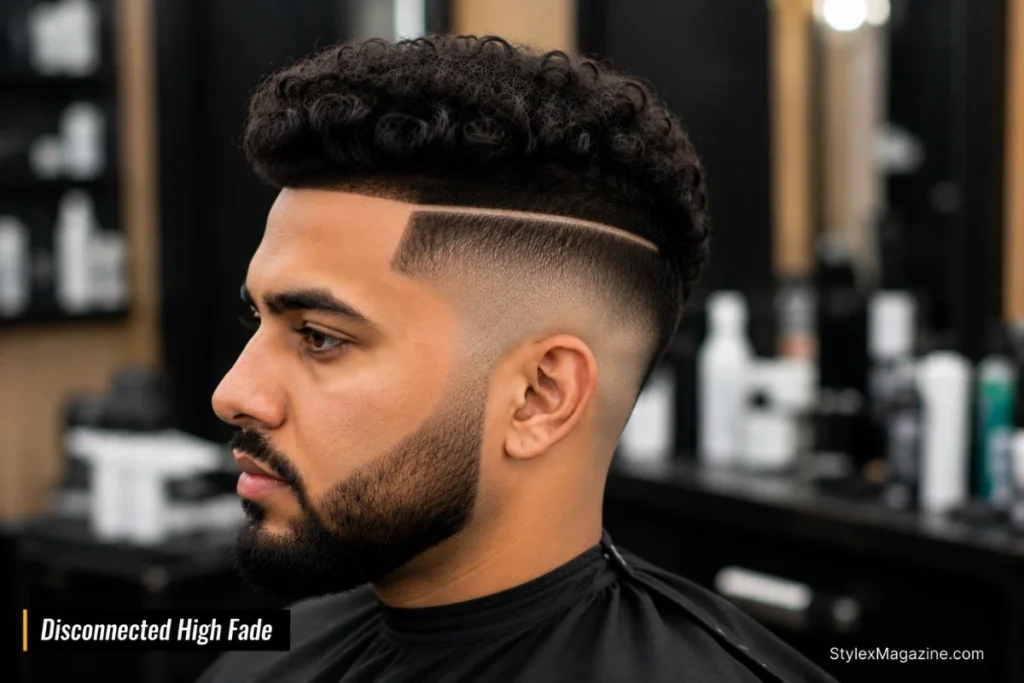 Disconnected high fade haircut with visible hard line where longer hair on top meets shaved sides, no gradual blend
