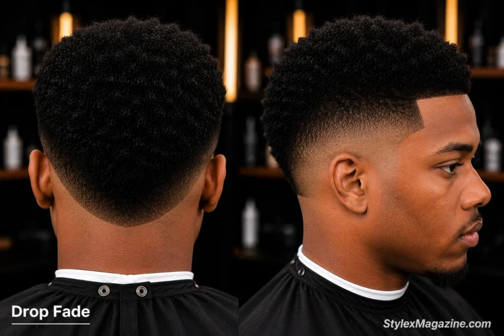 Drop fade on a Black man showing fade line dropping distinctly lower behind the ear creating sculpted curved back silhouette