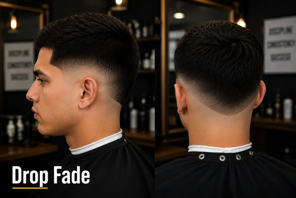 Drop fade showing fade line dropping lower behind the ear creating a curved sculpted silhouette at the back unlike straight fade lines