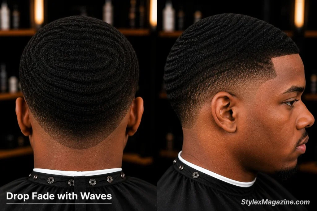 Drop fade on a Black man with 360 waves on top showing wave pattern continuous into the curved drop fade line at the back