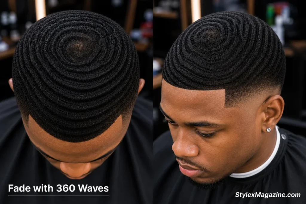 Fade with 360 waves on a Black man showing fully developed wave pattern radiating from crown with clean mid fade sides