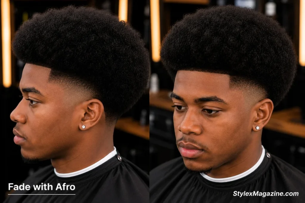 22. Fade with natural afro on a Black man showing full round afro volume against tight faded sides with no styling products