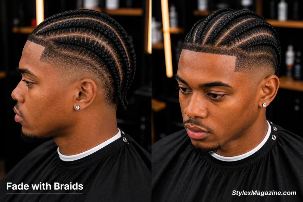 Fade with cornrows on a Black man showing neat parallel braids on top against clean mid fade sides with sharp lineup