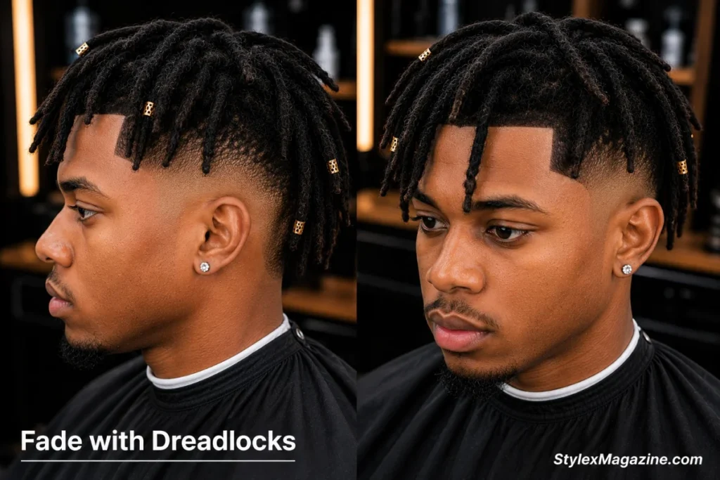 23. Fade with dreadlocks on a Black man showing textured locs on top against tight faded sides with clean lineup