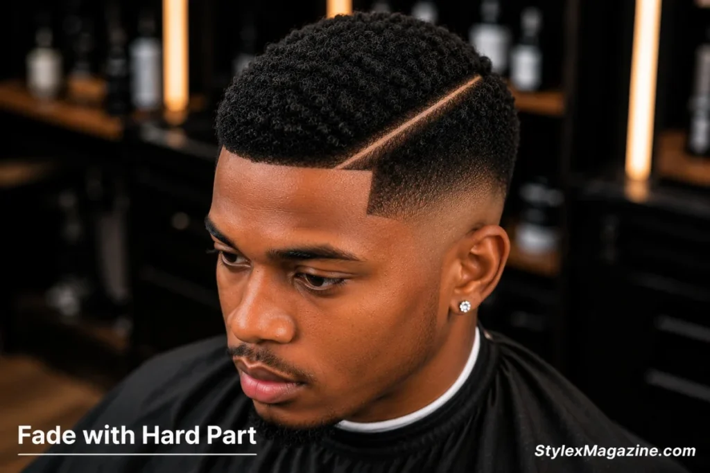 Fade with hard part on a Black man showing razor-shaved clean white line on left side with mid fade on both sides