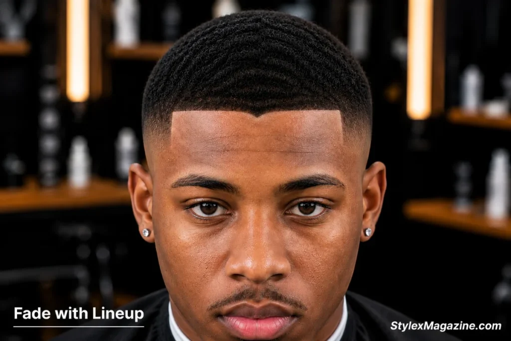 Fade with sharp lineup on a Black man showing razor-sharpened outline around natural hairline forehead and temples