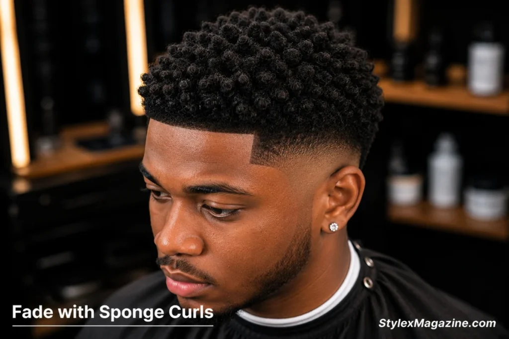 26. Fade with sponge curls on a Black man showing defined coil pattern created by hair sponge on top with temp fade sides