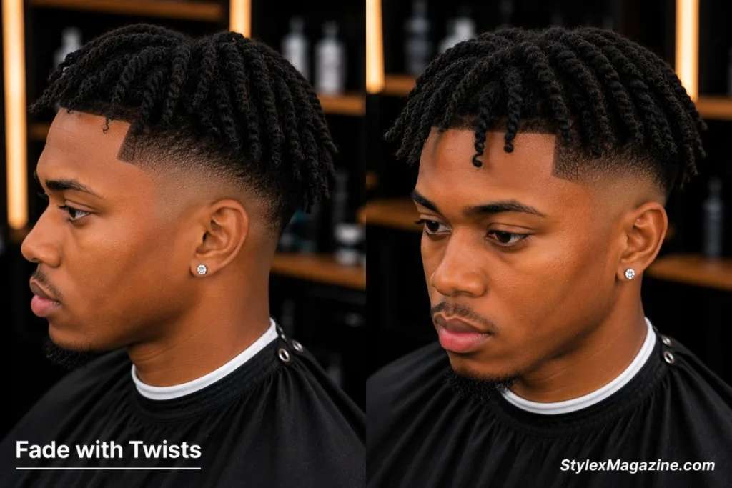 Fade with two-strand twists on a Black man showing defined twist pattern on top against tight mid fade sides