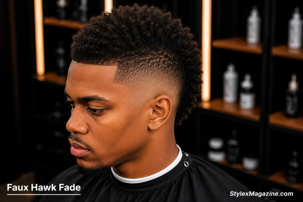 Faux hawk fade on a Black man with natural coily hair pushed upward along center without fully shaving sides