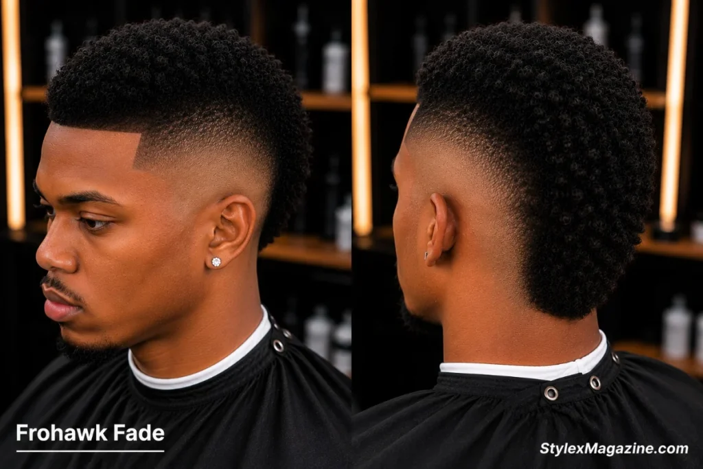 Frohawk fade on a Black man showing natural coily texture strip down center with high burst fade on both sides